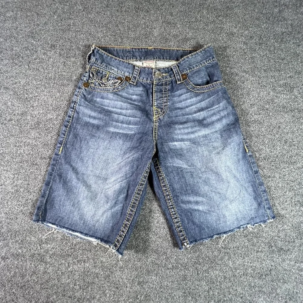 True Religion Bermuda Short Men's 30 Blue Cotton Denim Frayed-Hem Faded Workwear